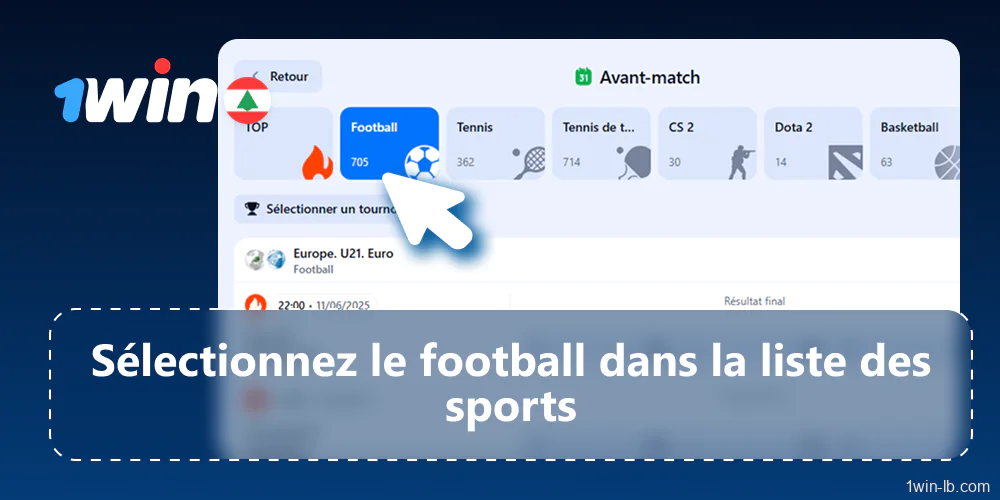 Sélectionnez le football dans la liste des sports