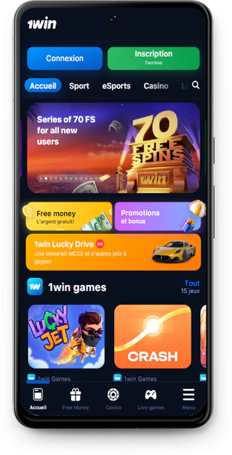Capture d'écran de la page d'accueil de 1Win app