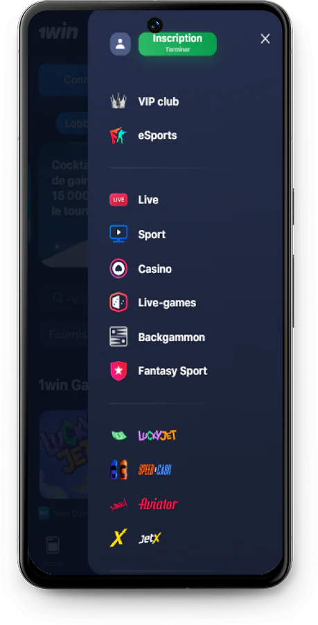 Capture d'écran du menu de 1Win app