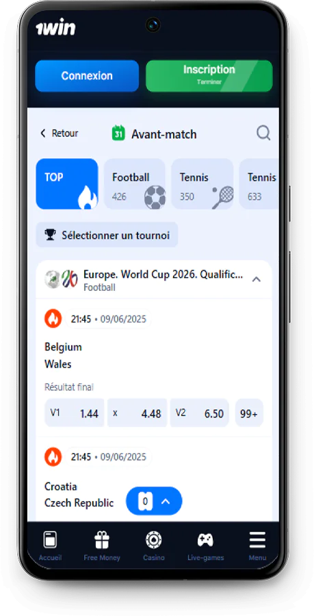 Capture d'écran de la section paris de 1Win app